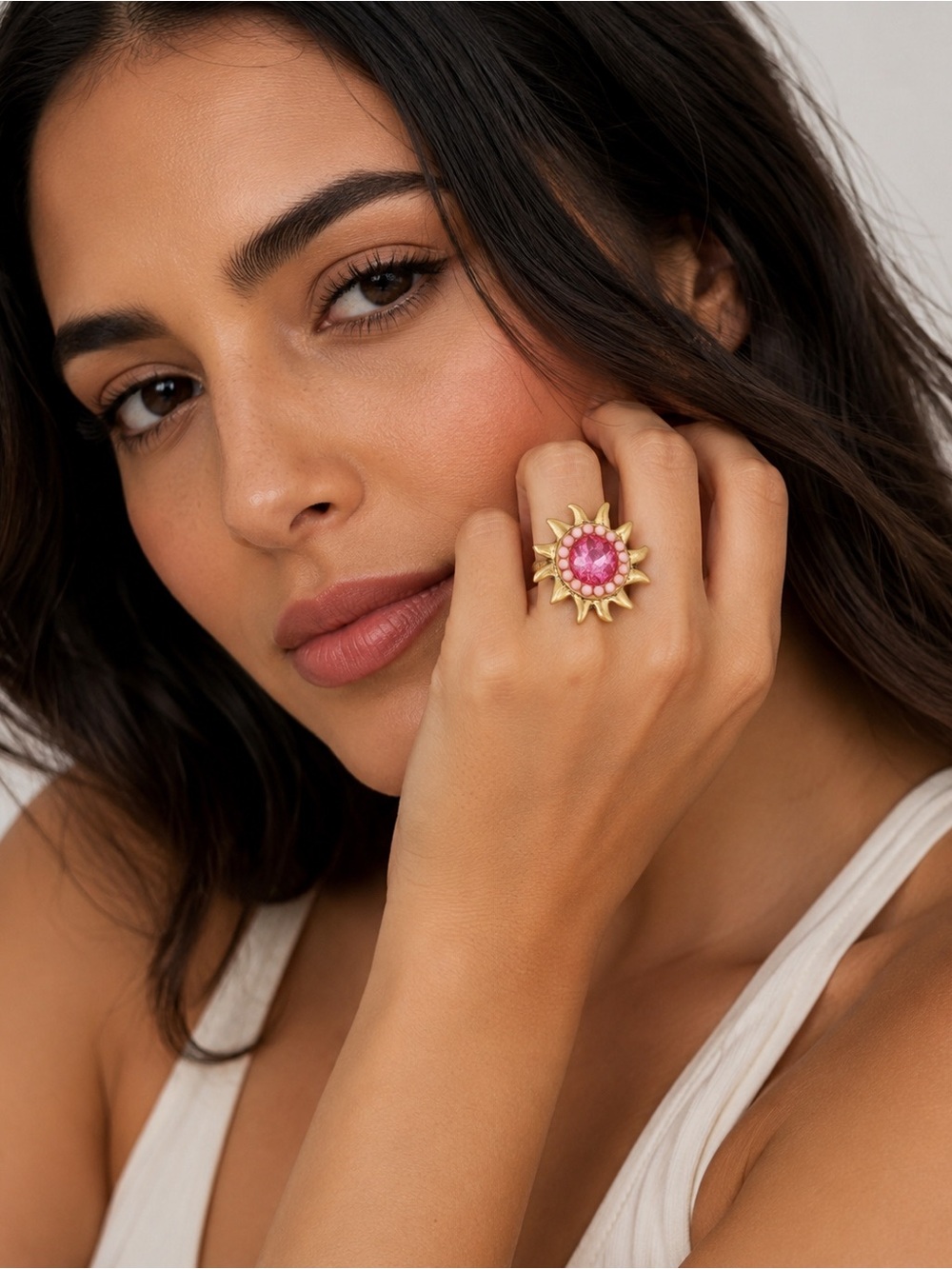 Kurt Geiger Gold Sunburst Cocktail Ring with Pink Stone Sz 9